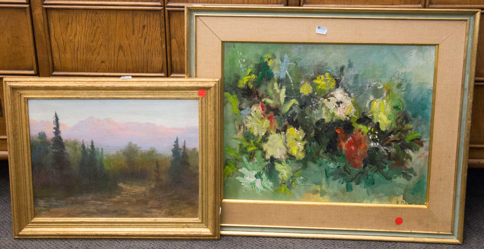 Appraisal: Two framed oils on canvas floral theme and a landscape