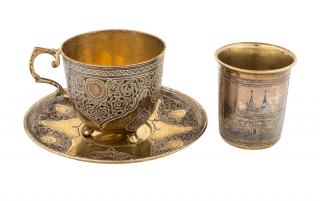 Appraisal: A GILT SILVER CUP AND SAUCER WITH A TUMBLER CUP