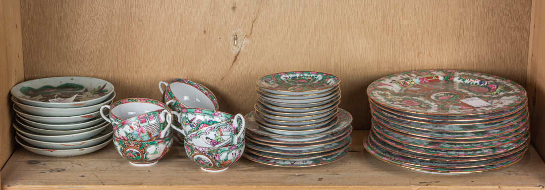 Appraisal: SHELF OF CHINESE FAMILLE ROSE DISHES AND CUPS Shelf of