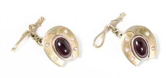 Appraisal: GOLD GARNET AND PEARL CUFF LINKS ca Yellow gold Original