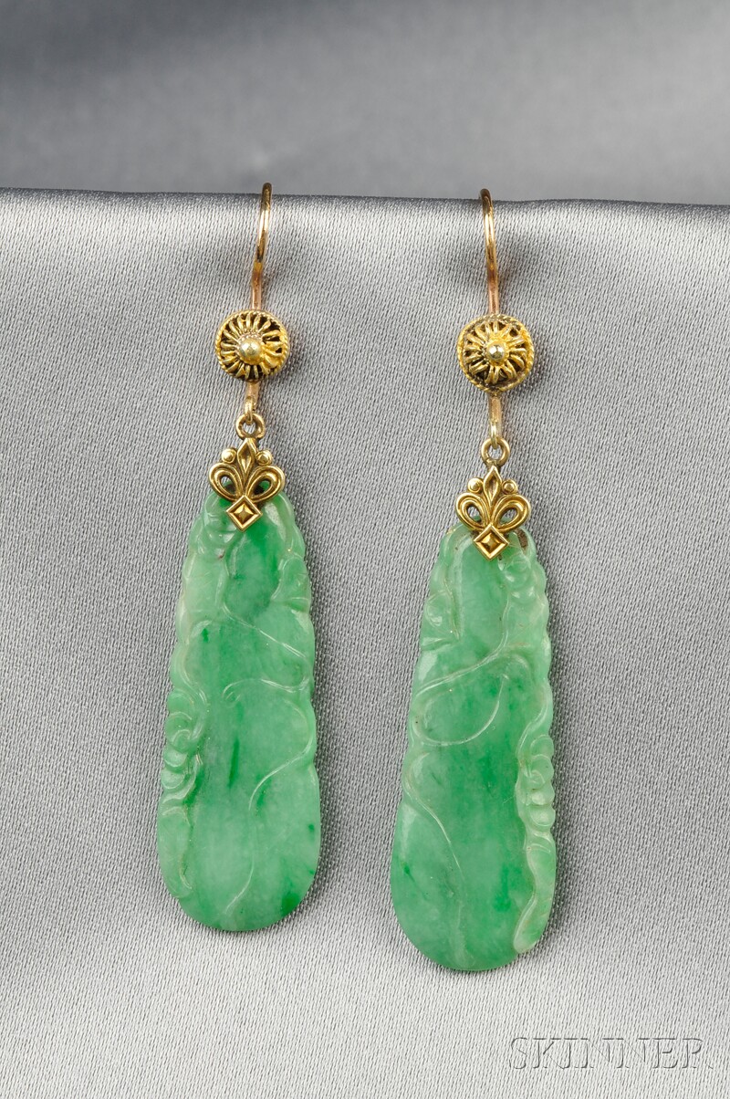 Appraisal: kt Gold and Jadeite Earpendants each carved to depict gourds