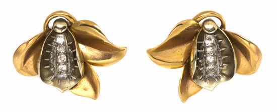 Appraisal: A Pair of Retro Gold and Diamond Foliate Earclips consisting