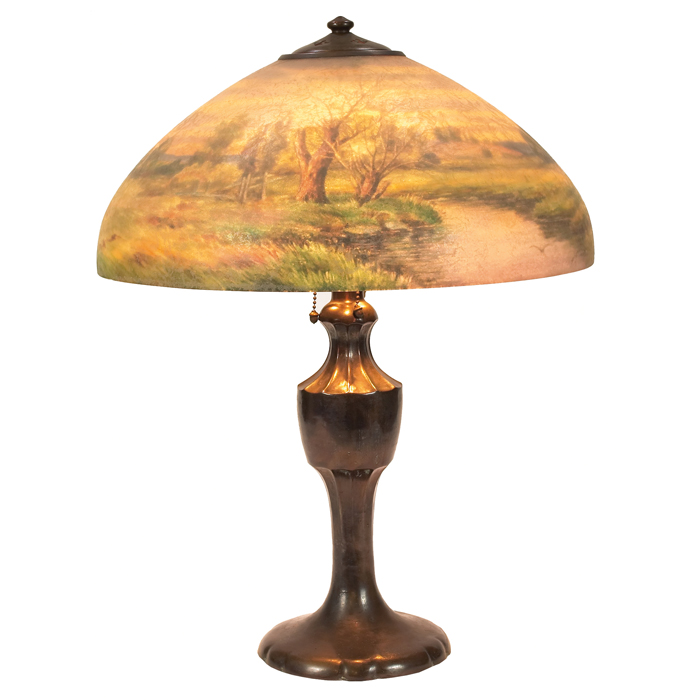 Appraisal: Handel table lamp reverse-painted acid-etched shade with landscape pattern shade