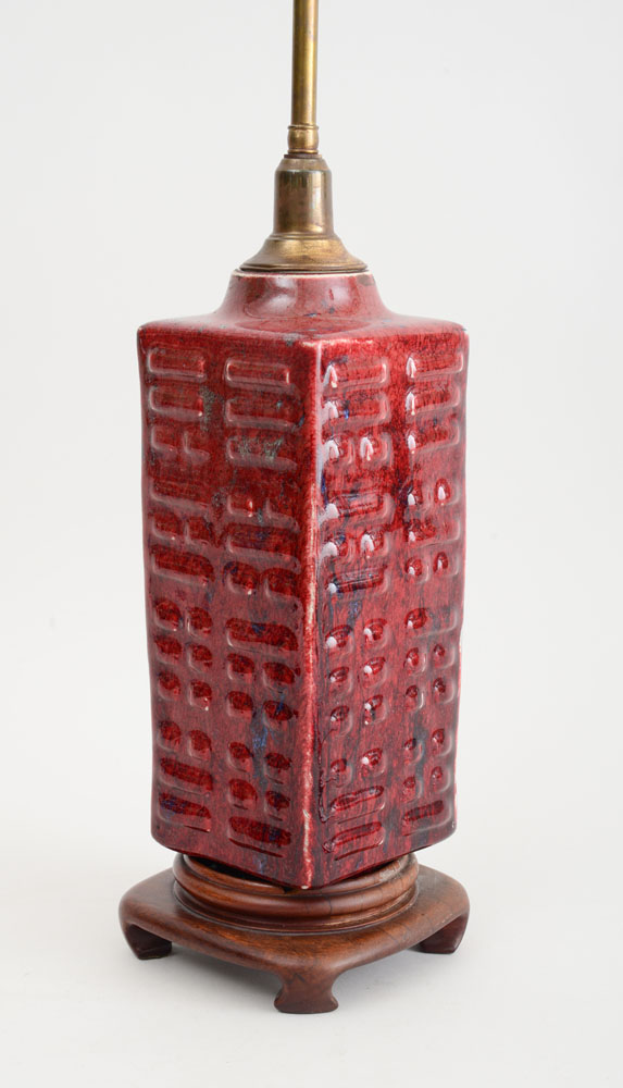 Appraisal: CHINESE ARCHAIC STYLE FLAMB -GLAZED ANGULAR VASE MOUNTED AS A