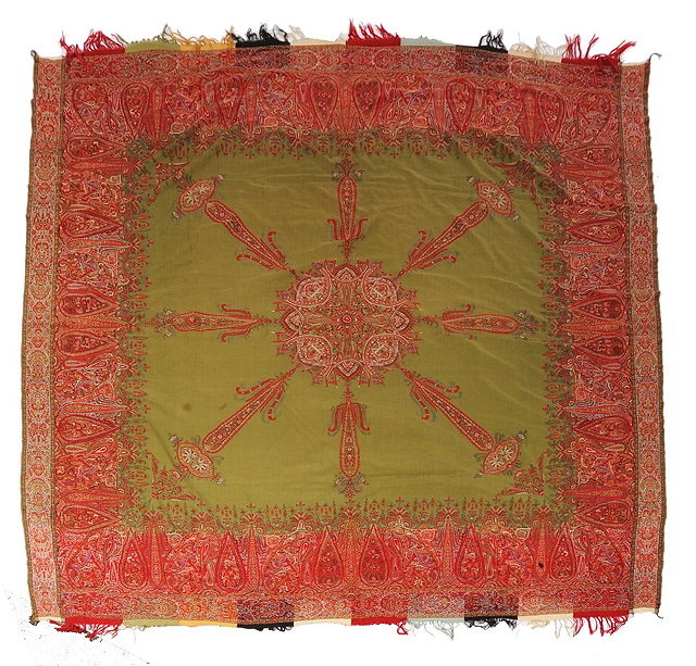 Appraisal: A KASHMIR GREEN SHAWL with red ground border with foliate