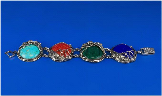 Appraisal: Art Nouveau Style Silver Bracelet Set With Large Cabochon Stones