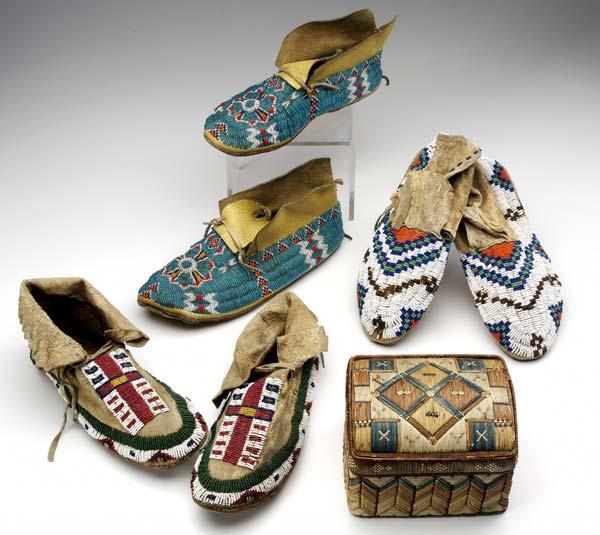 Appraisal: NATIVE AMERICAN PLAINS QUEBEC Three pairs beaded Plains adult moccasins