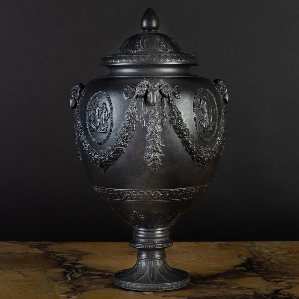 Appraisal: Black Basalt Urn and Cover Probably Wedgwood Unmarked x in