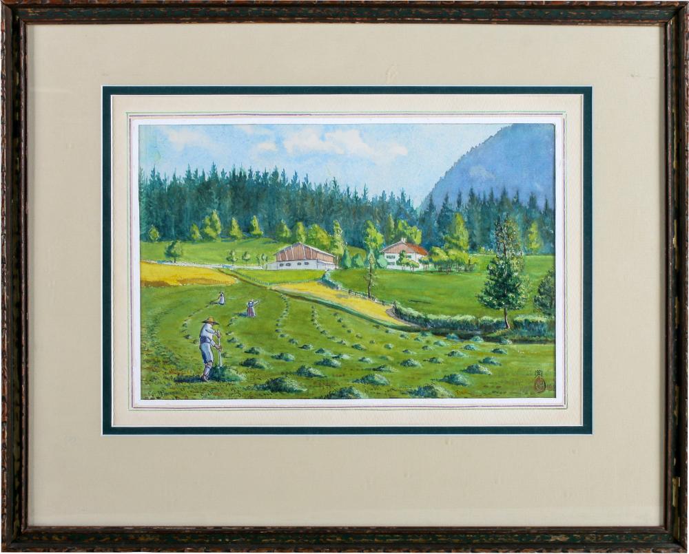 Appraisal: TH CENTURY MOUNTAIN FARM watercolor and ink on paper monogrammed