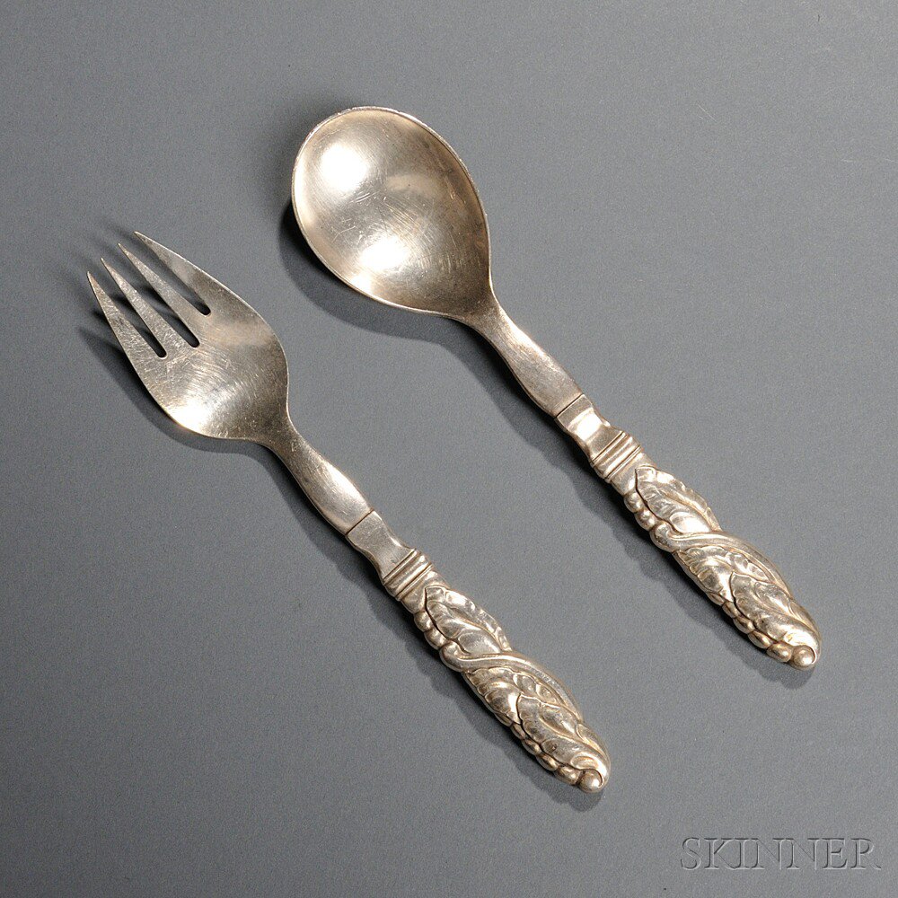 Appraisal: Georg Jensen Serving Fork and Spoon Denmark Ornate leaf and