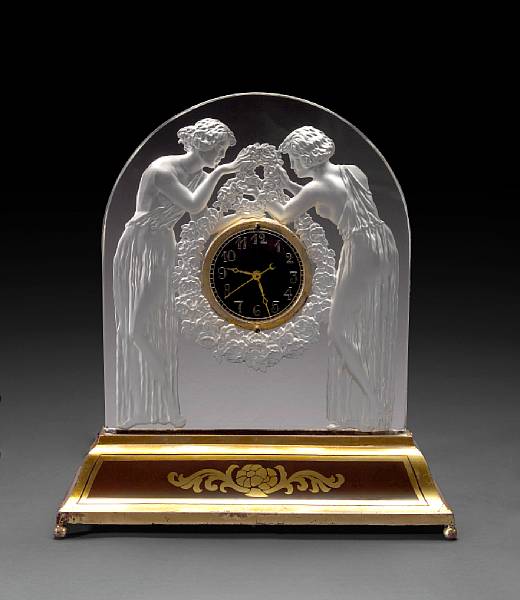 Appraisal: A Ren Lalique frosted glass table clock Deux Figurines Marcilhac