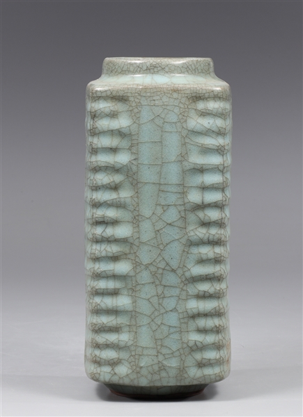 Appraisal: Chinese celadon crackle glazed square form vase with circular wide