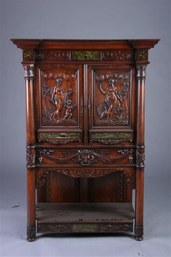 Appraisal: CONTINENTAL CARVED MAHOGANY TWO-DOOR CABINET ON STAND WITH MARBLE INLAY