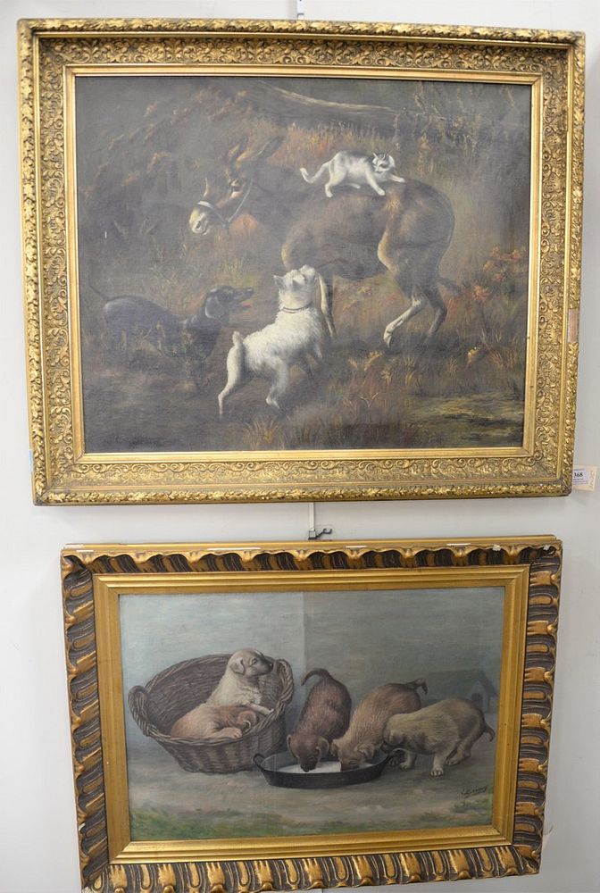 Appraisal: Pair of Dog Paintings farm landscape with a cat on