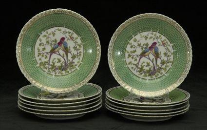 Appraisal: Set of Twelve English Chromolithographed Porcelain Dessert Plates with Green