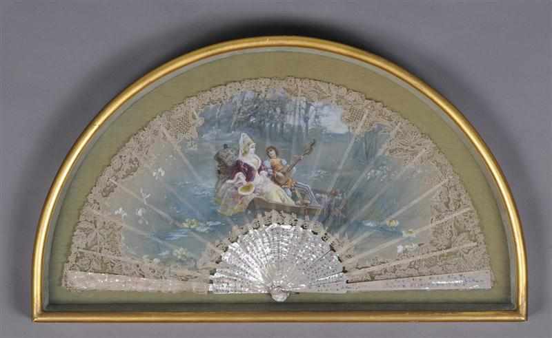 Appraisal: FRENCH WATERCOLOR ON GAUZE FAN WITH LACE BORDER Signed E