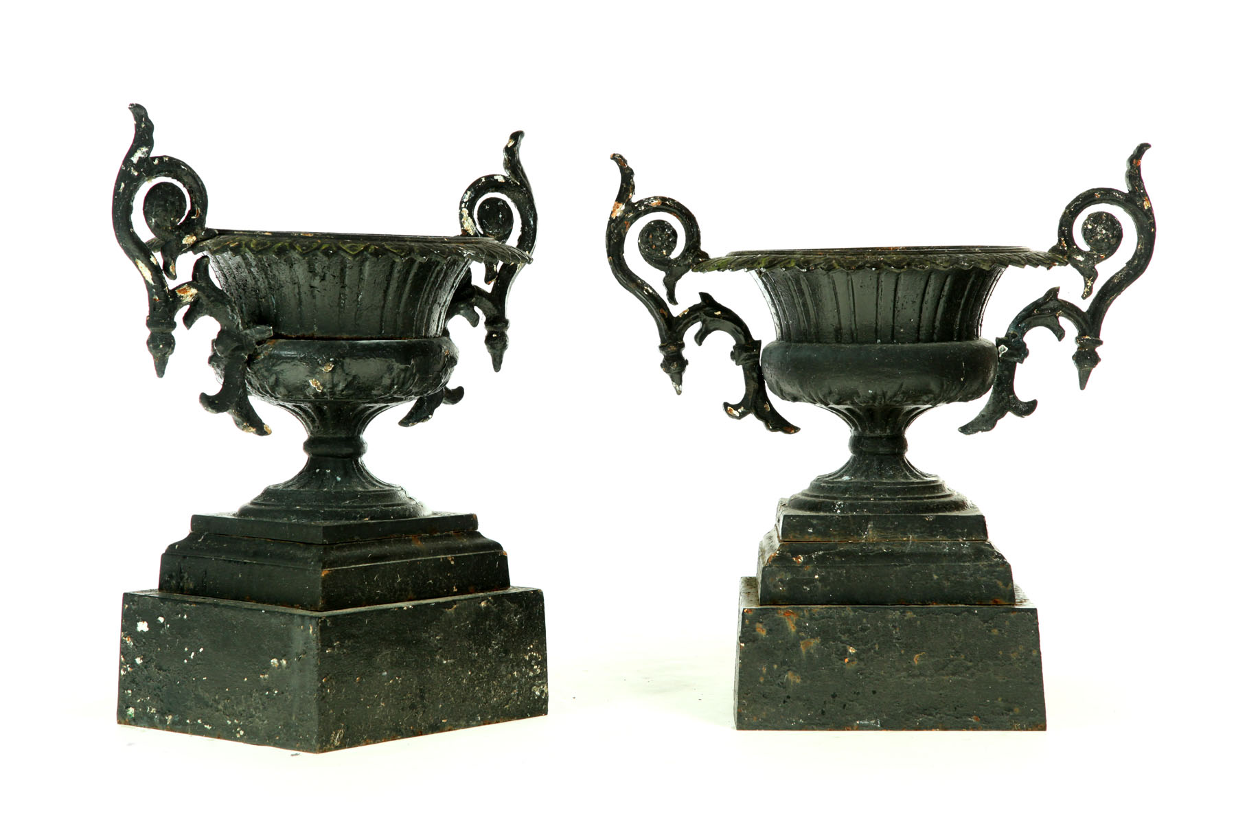 Appraisal: PAIR OF OHIO CAST IRON GARDEN URNS Marked for Kramer