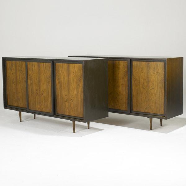 Appraisal: HARVEY PROBBER Pair of rosewood and mahogany credenzas on turned