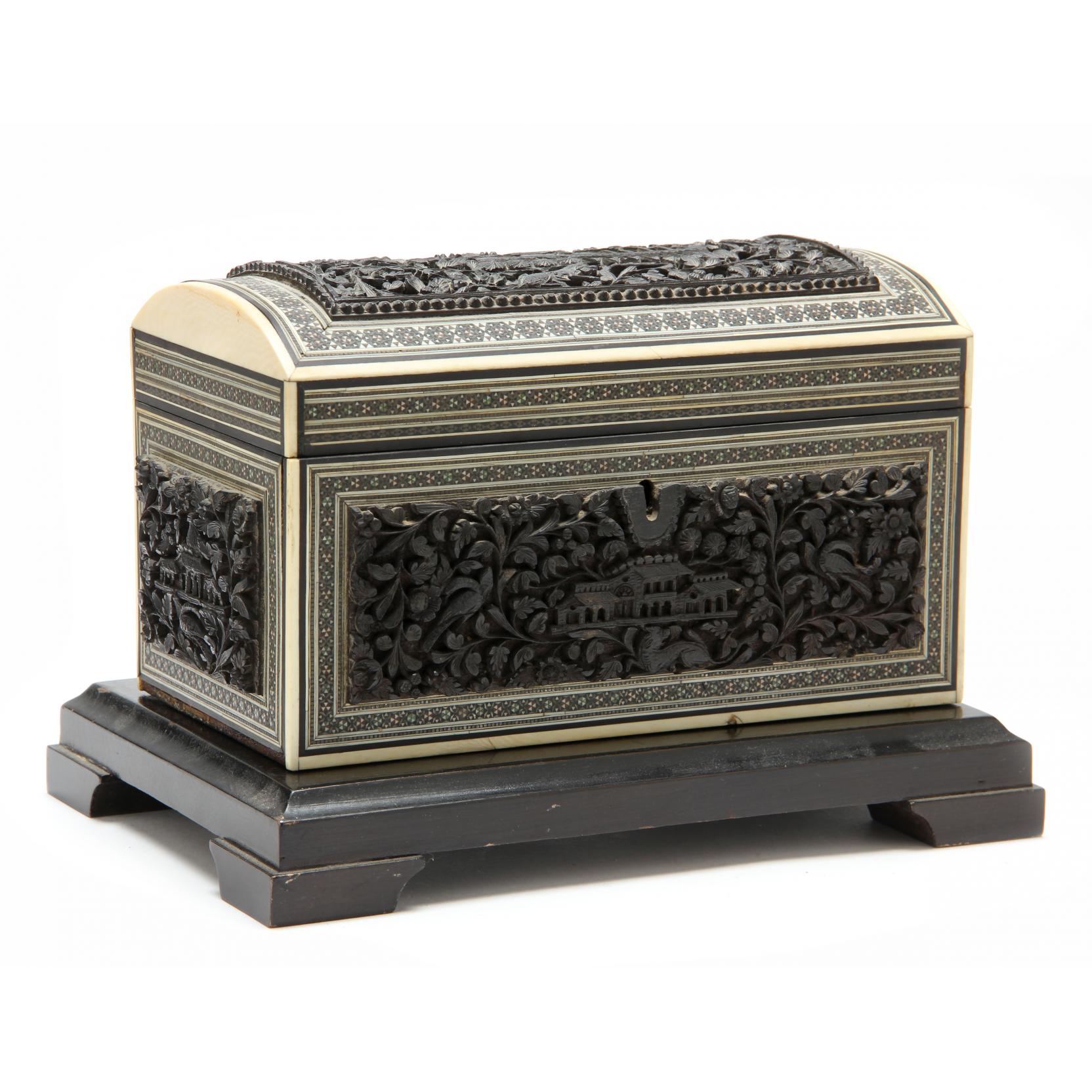 Appraisal: Chinese Carved Hardwood and Ivory Tea Caddy th century all