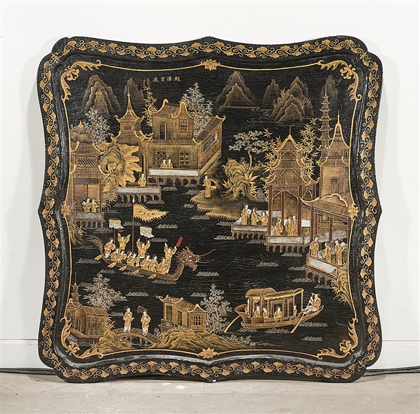 Appraisal: Chinese painted wood panel depicting figures in boats surrounded by