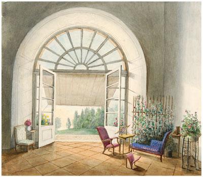 Appraisal: th century Viennese watercolor garden room interior with flowering plants