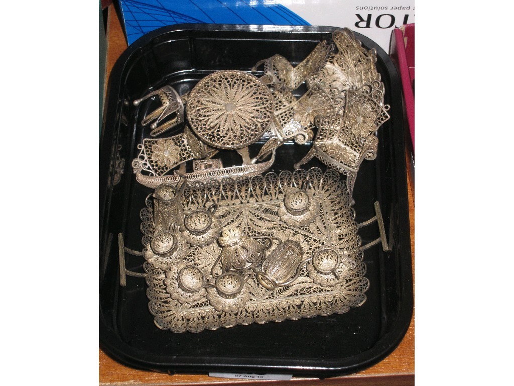 Appraisal: Lot comprising miniature white metal filigree tea set on tray