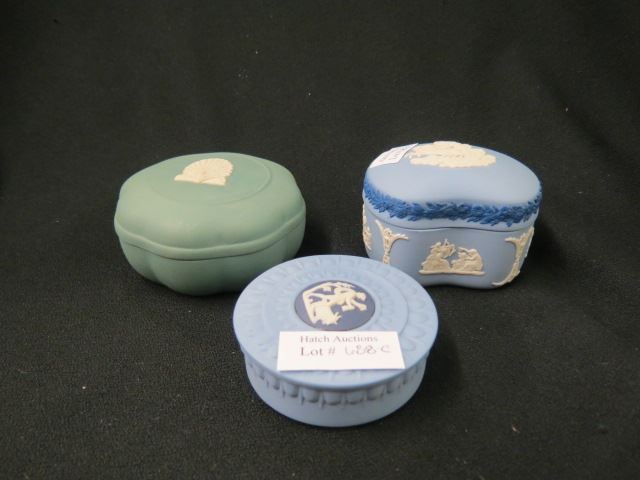 Appraisal: Wedgwood Jasperware Boxes dark on light blue chariot green with