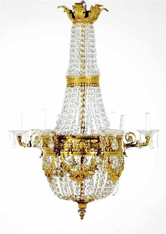 Appraisal: French bronze and crystal six-light chandelier circa s acanthus leaf