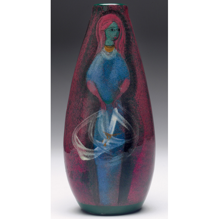 Appraisal: Polia Pillin vase unusual three-sided shape with colorfully painted women