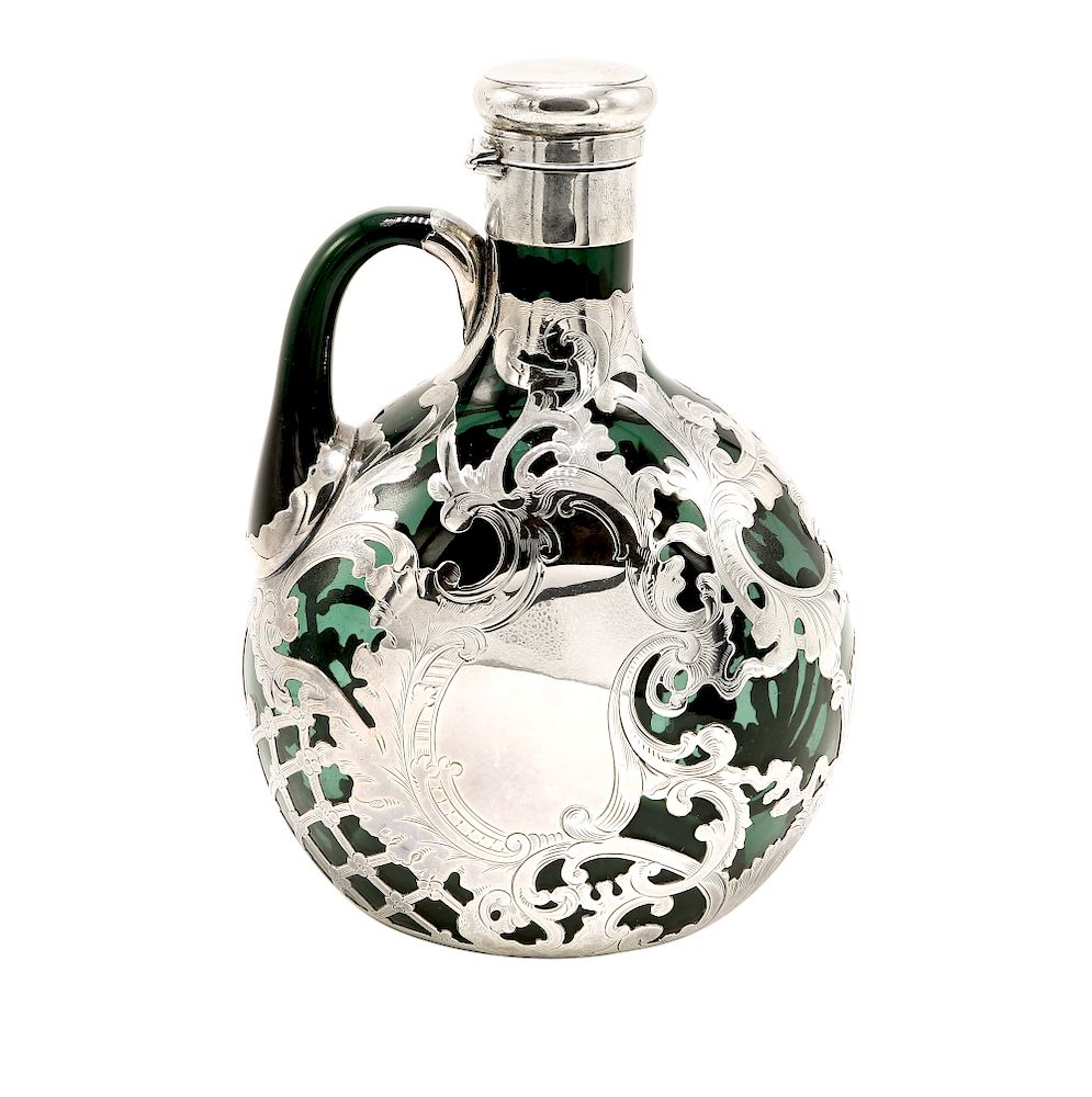 Appraisal: Gorham Sterling Silver Overlay Green Decanter Sterling silver overlay on