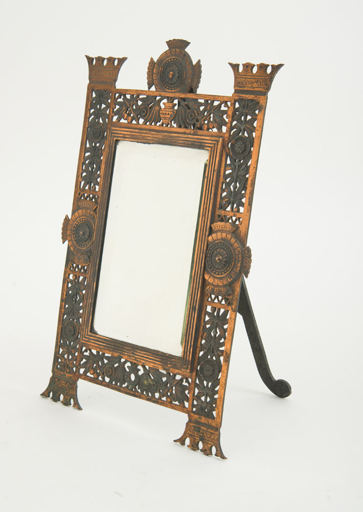 Appraisal: AMERICAN AESTHETIC MOVEMENT PATINATED BRASS TABLE MIRROR POSSIBLY BRADLEY AND