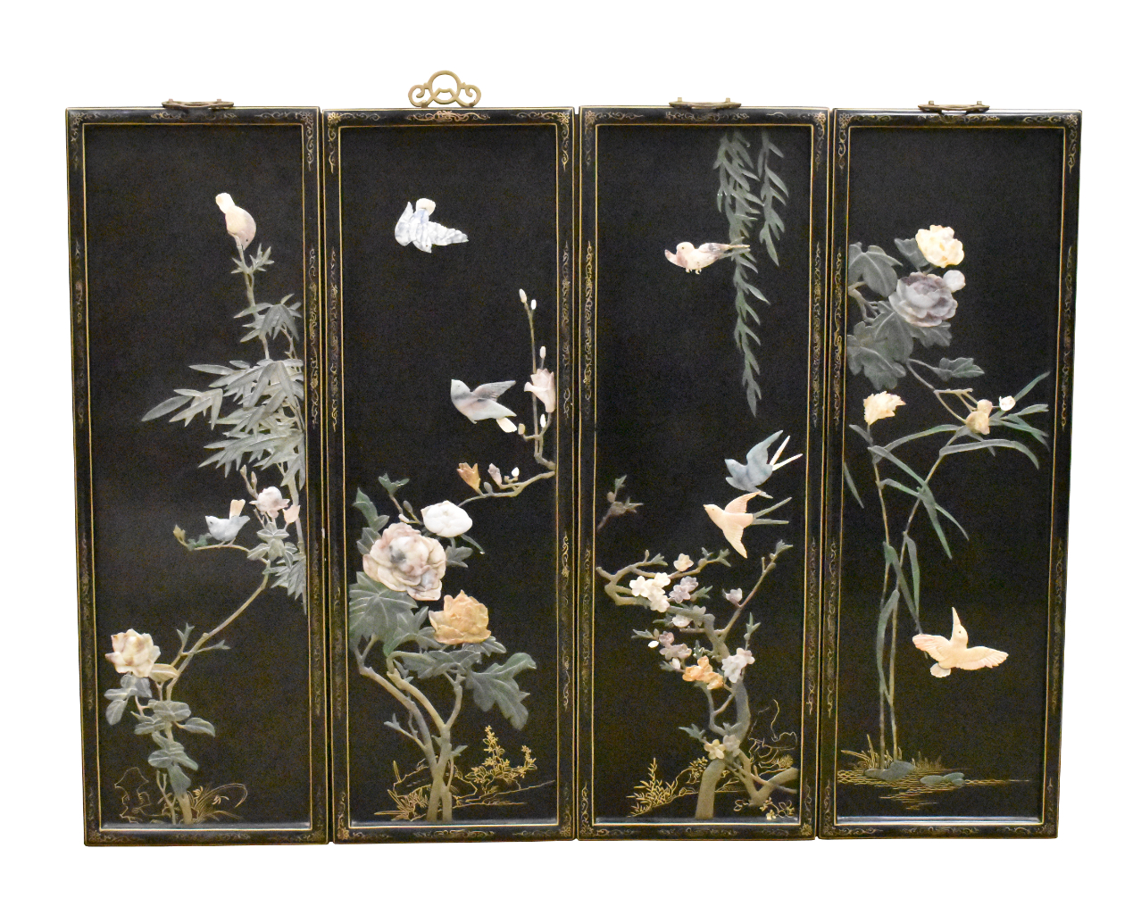 Appraisal: A set of four Chinese panels with inlaid jade and