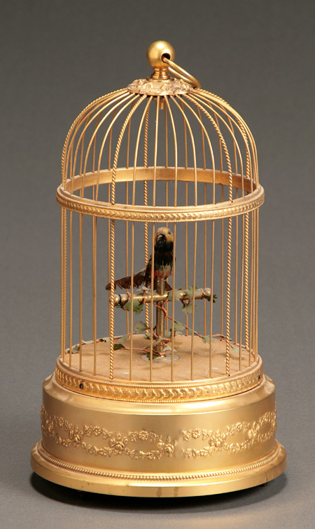 Appraisal: French Gilt Brass Bird-in-Cage Automaton First Quarter th Century The