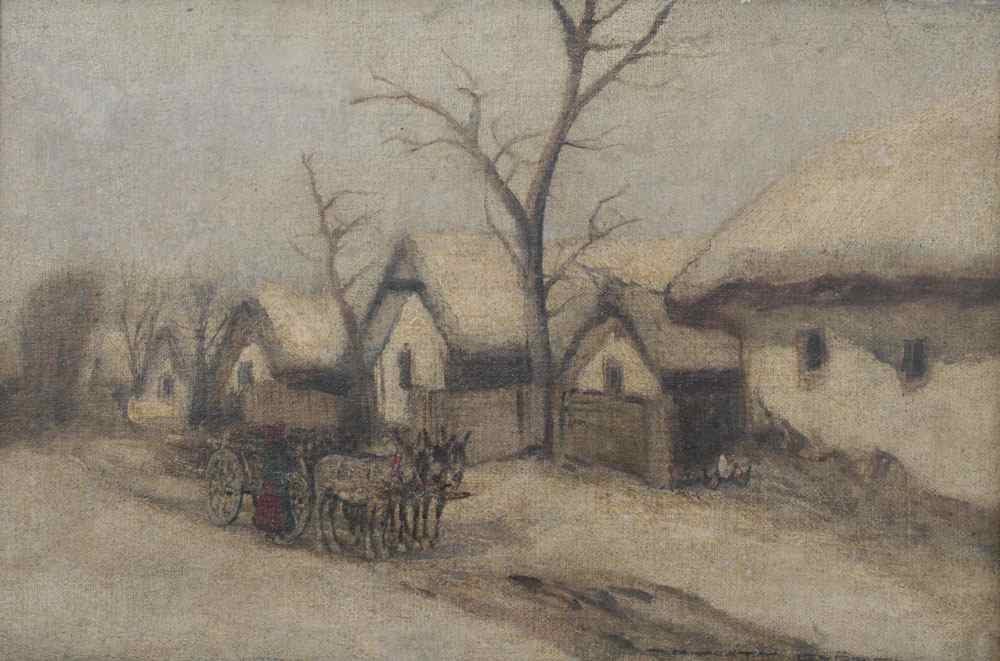 Appraisal: ILLEGIBLY SIGNED SNOWY EUROPEAN VILLAGE SCENE WITH CART AND DONKEYS