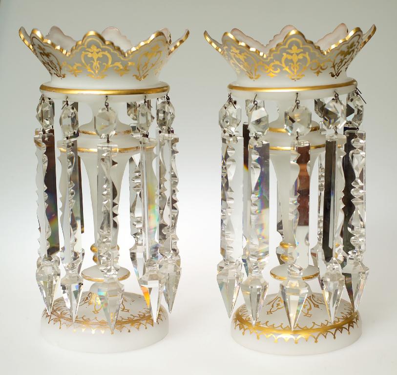 Appraisal: PAIR OF VICTORIAN OPAQUE GLASS LUSTRES each with crenellated rim