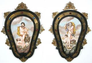 Appraisal: A PAIR TH C CAPODIMONTE PLAQUES IN JEWELED FRAMES Relief