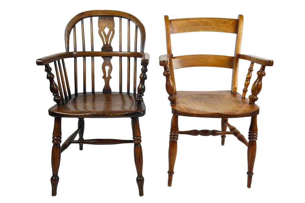 Appraisal: GROUP OF FOUR ARMCHAIRScomprising three Windsor chairs and one captain's