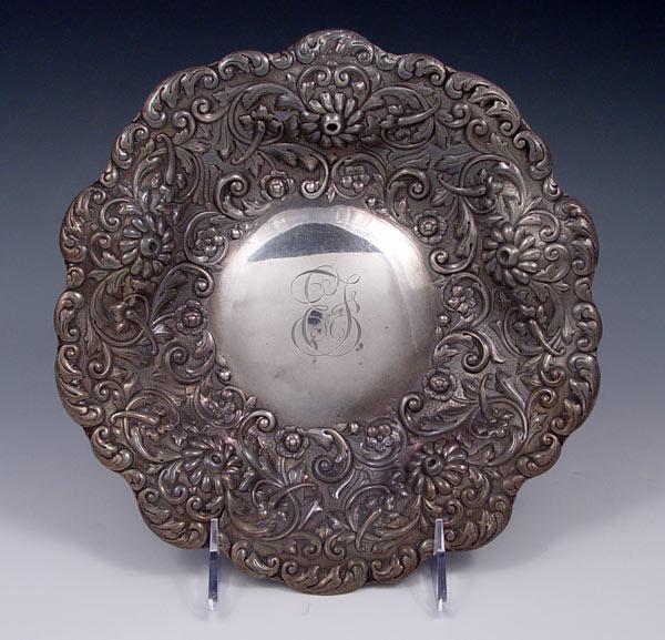 Appraisal: TIFFANY CO REPOUSSE FLORAL DISH Repousse floral design monogrammed Measures