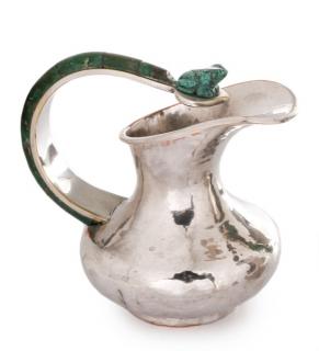 Appraisal: Inlaid Silver Plate Los Castillo Pitcher with Frog Los Castillo