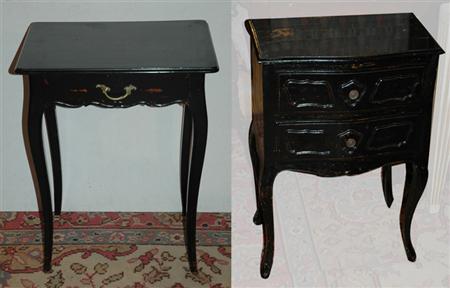 Appraisal: Two Provincial Louis XV Style Black Painted Side Tables Estimate