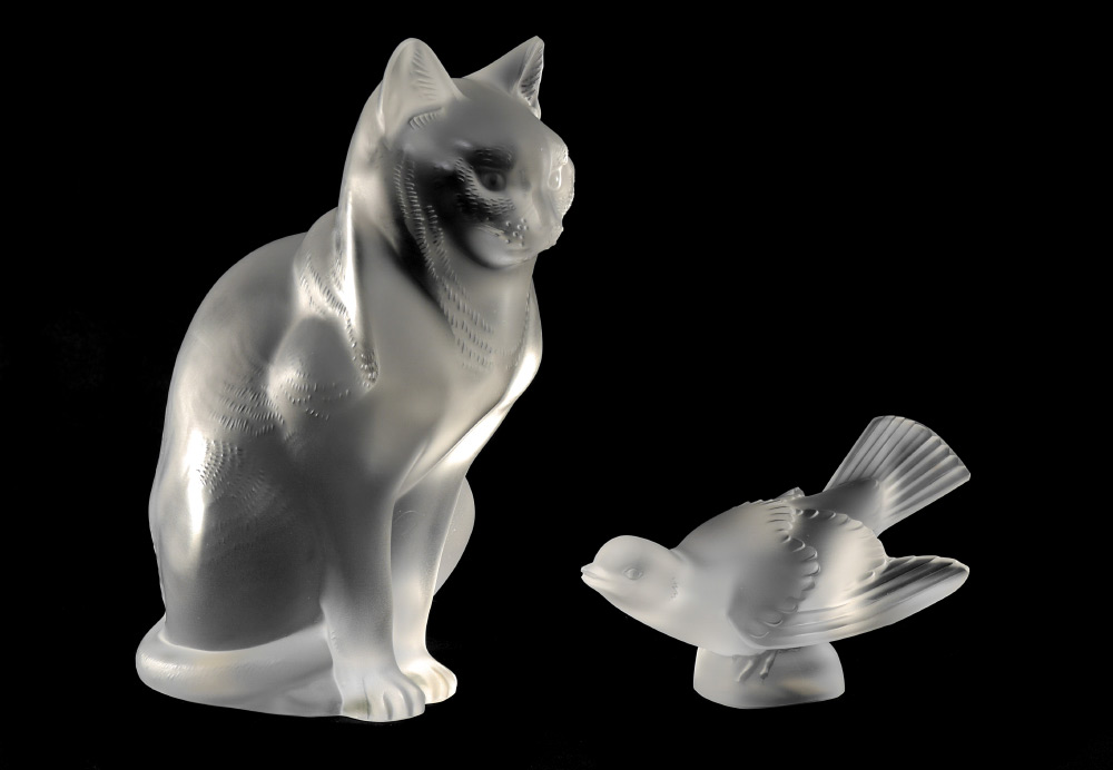 Appraisal: LALIQUE CRYSTAL CAT AND BIRD pieces total to include Figure