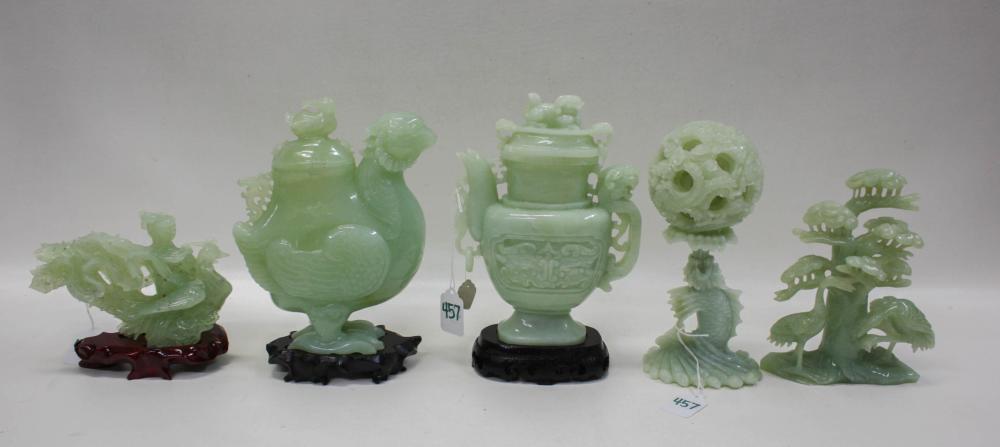 Appraisal: FIVE CHINESE SERPENTINE STONE CARVINGS including tall sculpture with birds