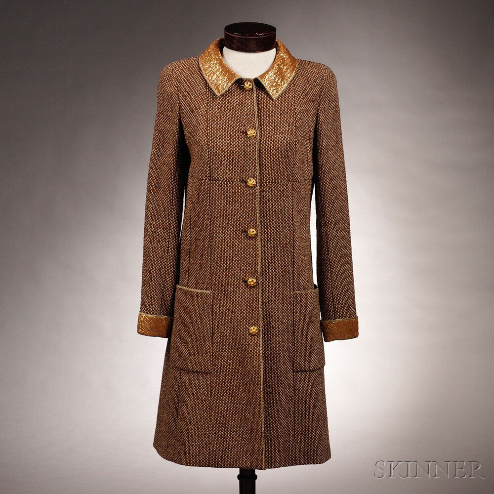 Appraisal: Chanel Tweed Wool Coat Dress with gold brocade collar and