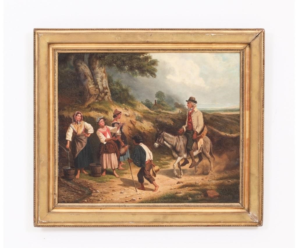 Appraisal: Continental oil on canvas landscape with water girls and man