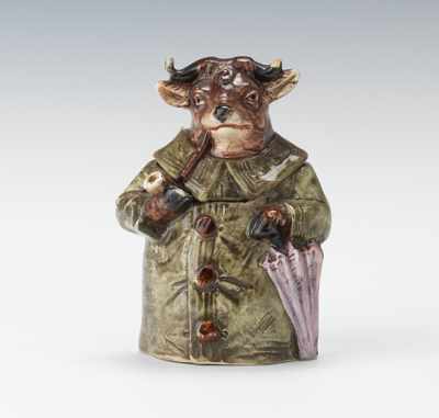 Appraisal: A Majolica Humidor of a Costumed Bull A small majolica