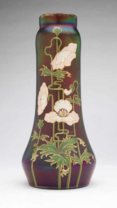 Appraisal: An Art Nouveau floral enameled iridescent art glass vase Early