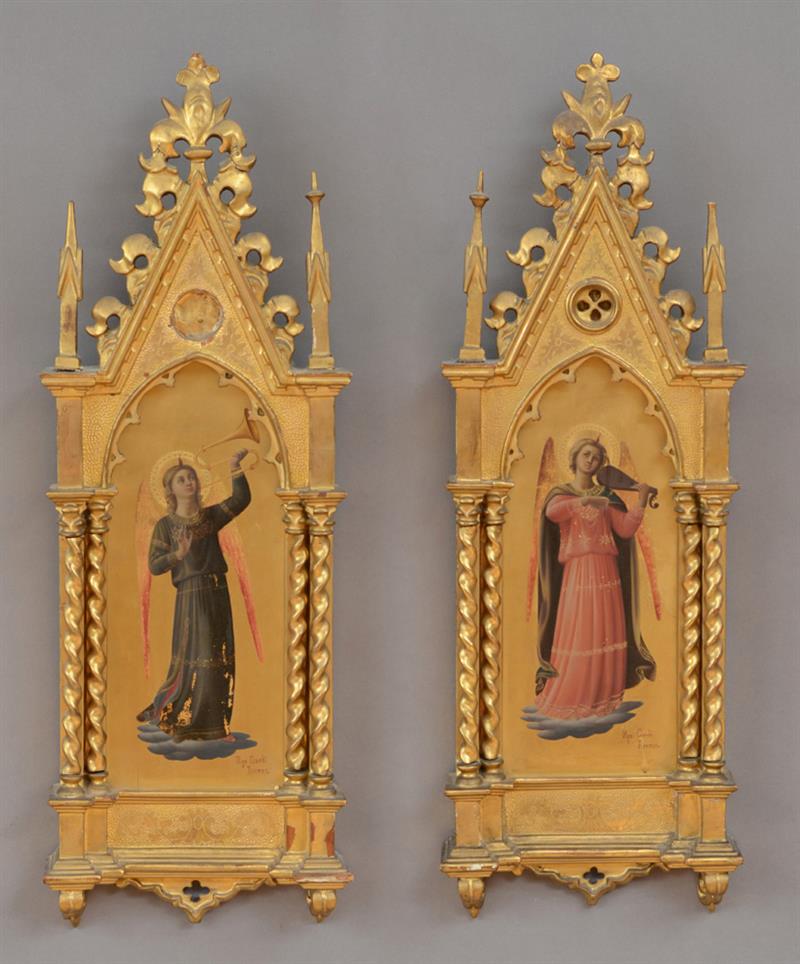 Appraisal: AFTER FRA ANGELICO ANGELS A PAIR Oil on panel with