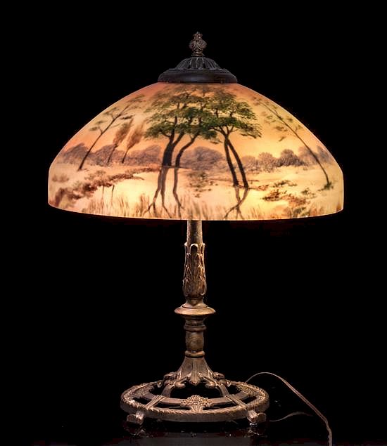 Appraisal: American Early th Century Table Lamp with Reverse Painted Landscape