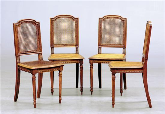 Appraisal: Four Louis XVI style carved fruitwood side chairs late th