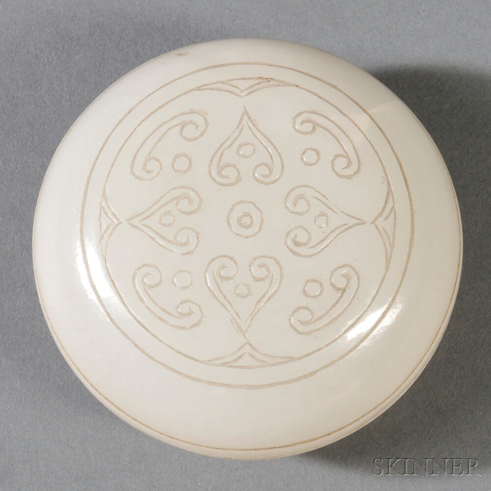 Appraisal: Small Stone Covered Box China circular the cover incised with